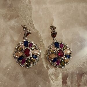 New Vivid Colorful Gemstones Rhodium Earrings